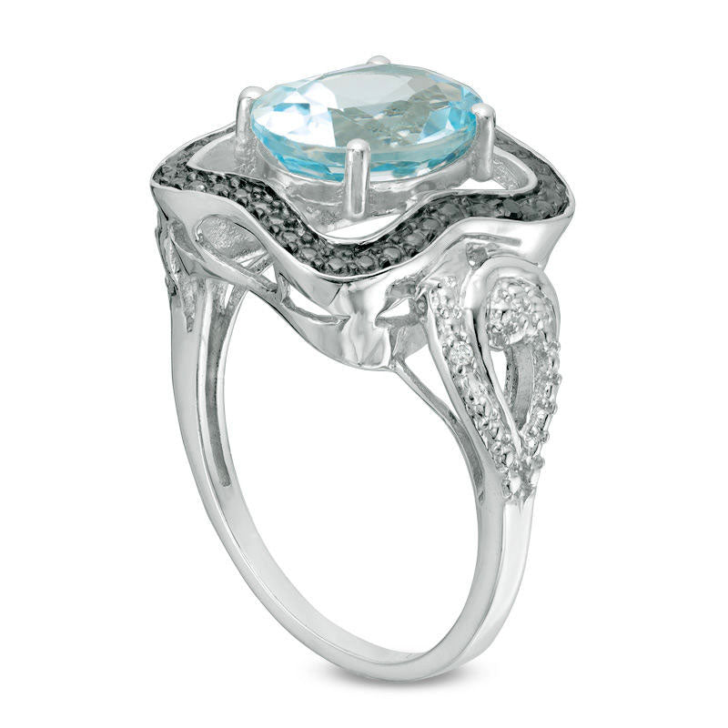 Oval Blue Topaz and Enhanced Black and White Natural Diamond Accent Wavy Frame Ring in Sterling Silver