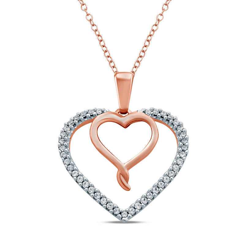 0.13 CT. T.W. Natural Diamond Double Heart Pendant in Sterling Silver and 14K Rose Gold Plate