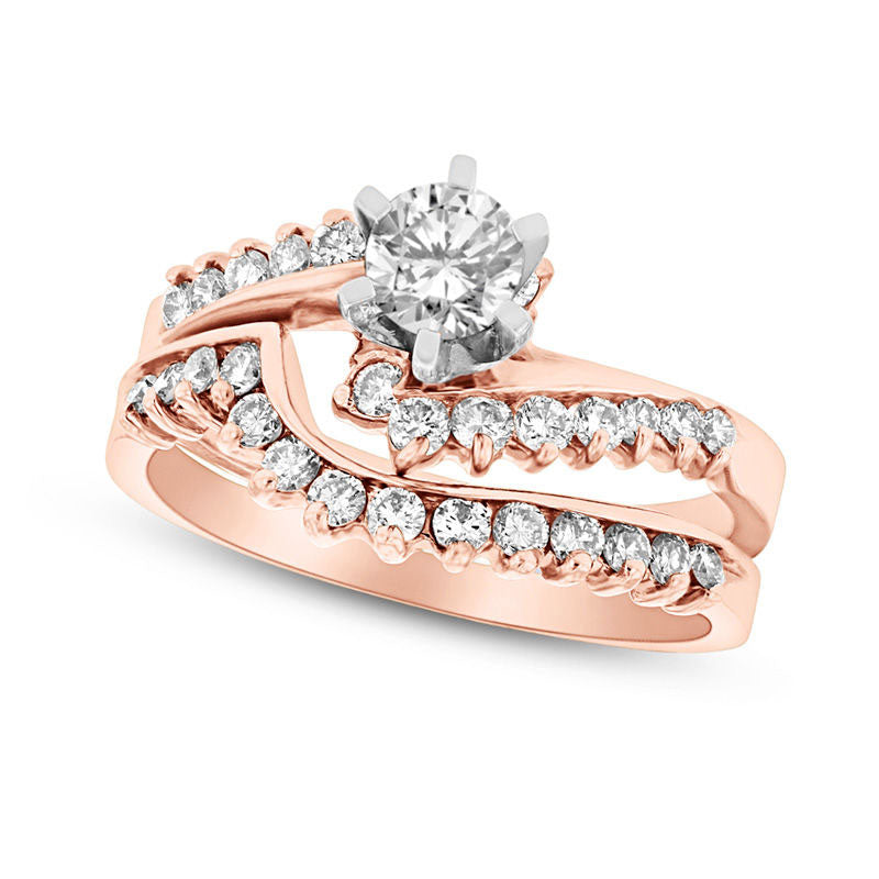 1.0 CT. T.W. Natural Diamond Sunburst Bypass Bridal Engagement Ring Set in Solid 14K Rose Gold (I/SI2)