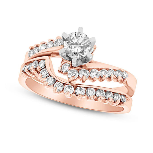 1.0 CT. T.W. Natural Diamond Sunburst Bypass Bridal Engagement Ring Set in Solid 14K Rose Gold (I/SI2)