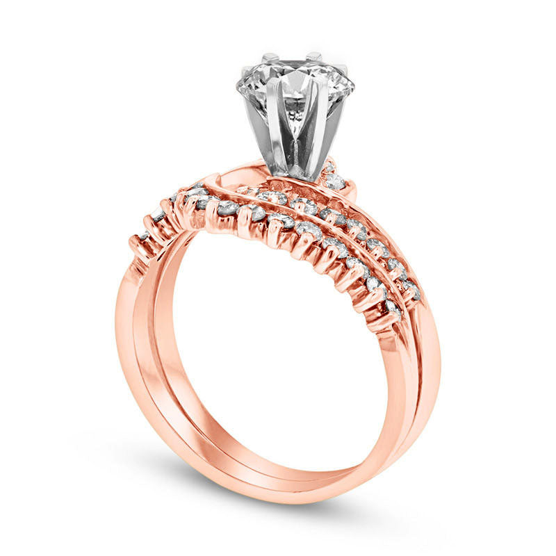 1.0 CT. T.W. Natural Diamond Sunburst Bypass Bridal Engagement Ring Set in Solid 14K Rose Gold (I/SI2)