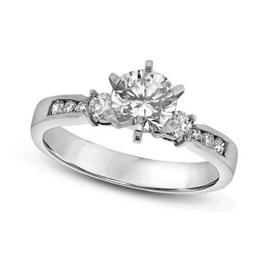 0.63 CT. T.W. Natural Diamond Three Stone Engagement Ring in Solid 14K White Gold (I/SI2)