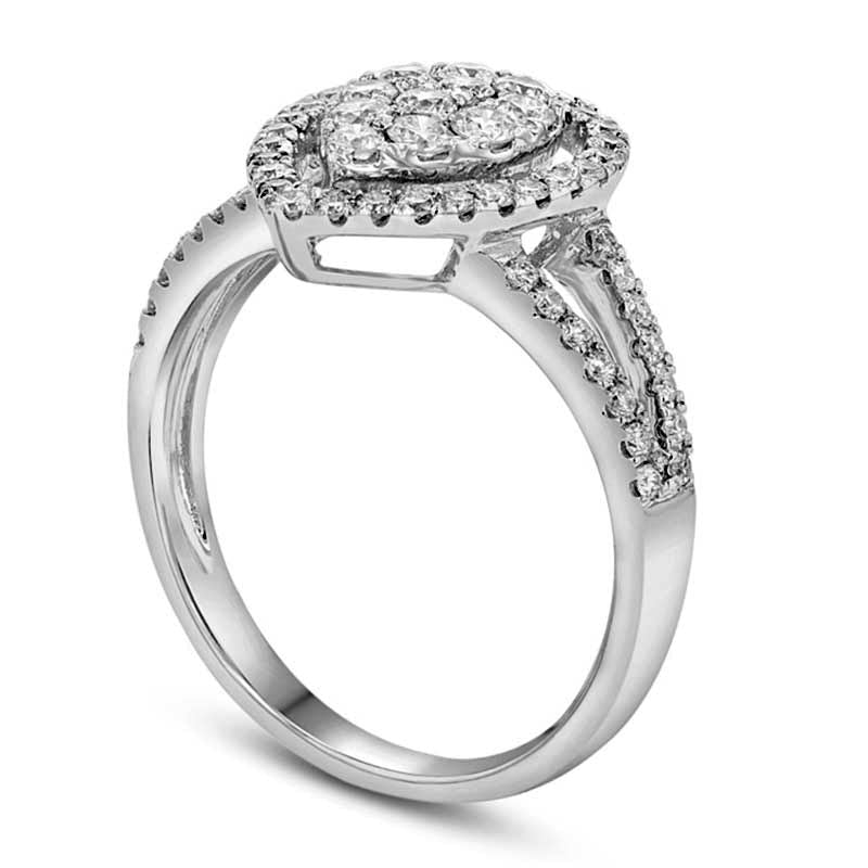 0.75 CT. T.W. Composite Natural Diamond Pear-Shaped Frame Split Shank Engagement Ring in Solid 18K White Gold (H/SI2)