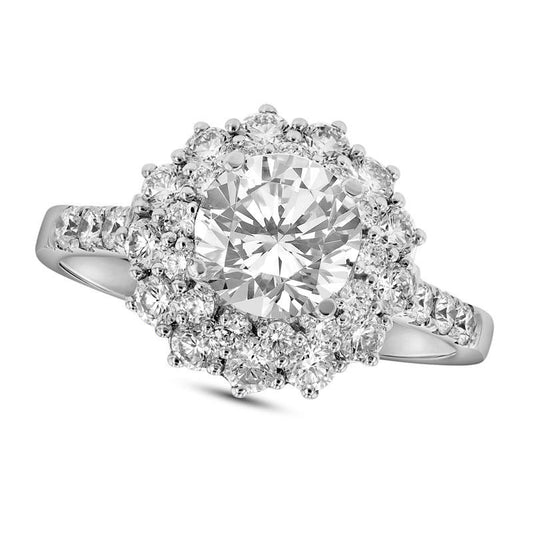 1.5 CT. T.W. Natural Diamond Double Sunburst Frame Engagement Ring in Solid 18K White Gold (I/SI2)