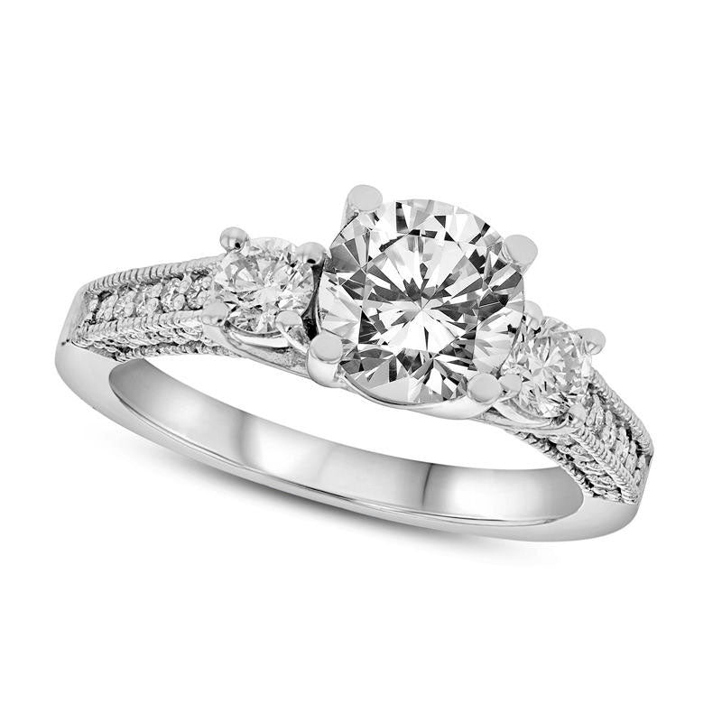 1.5 CT. T.W. Natural Diamond Three Stone Antique Vintage-Style Engagement Ring in Solid 14K White Gold (I/SI2)