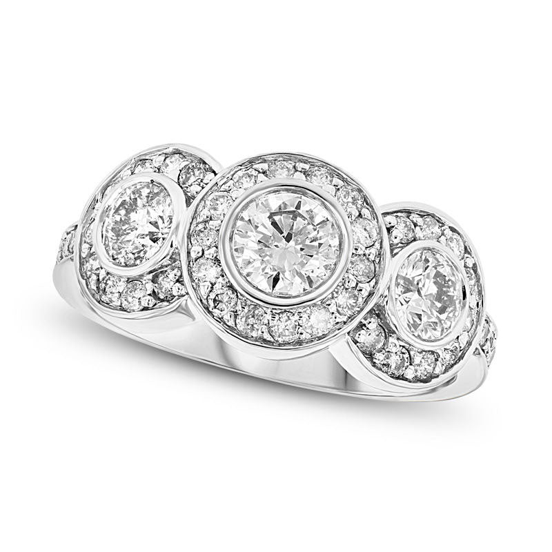 1.5 CT. T.W. Natural Diamond Three Stone Frame Engagement Ring in Solid 14K White Gold