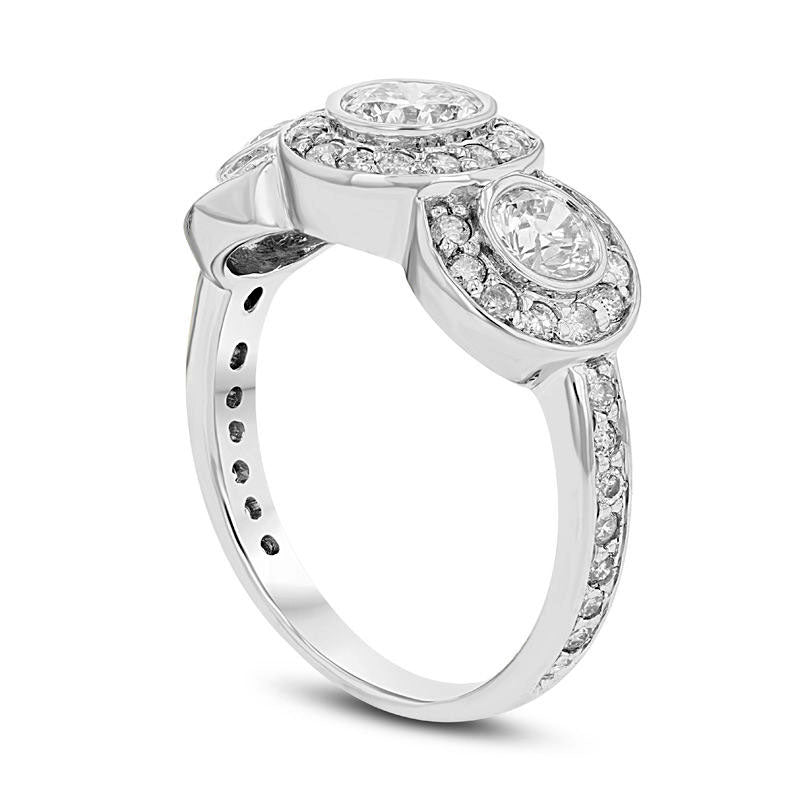 1.5 CT. T.W. Natural Diamond Three Stone Frame Engagement Ring in Solid 14K White Gold