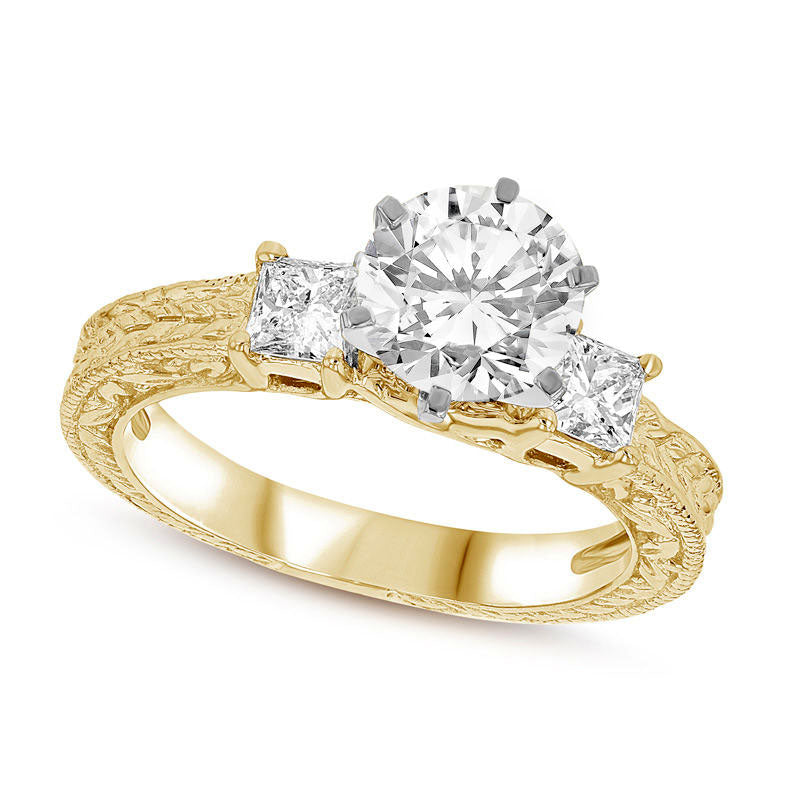 2.10 CT. T.W. Natural Diamond Antique Vintage-Style Three Stone Engagement Ring in Solid 14K Gold (H/SI2)