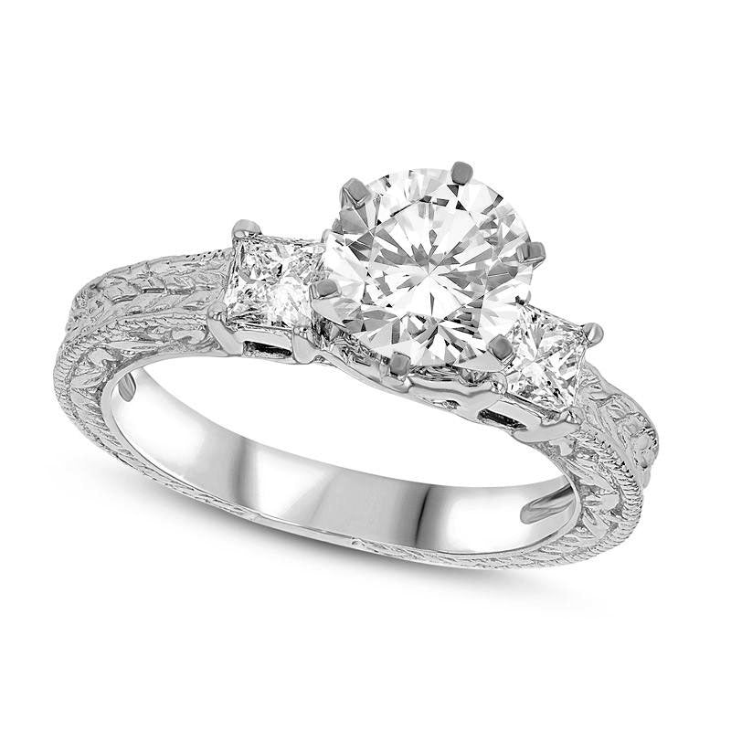 2.10 CT. T.W. Natural Diamond Antique Vintage-Style Three Stone Engagement Ring in Solid 14K White Gold (H/SI2)