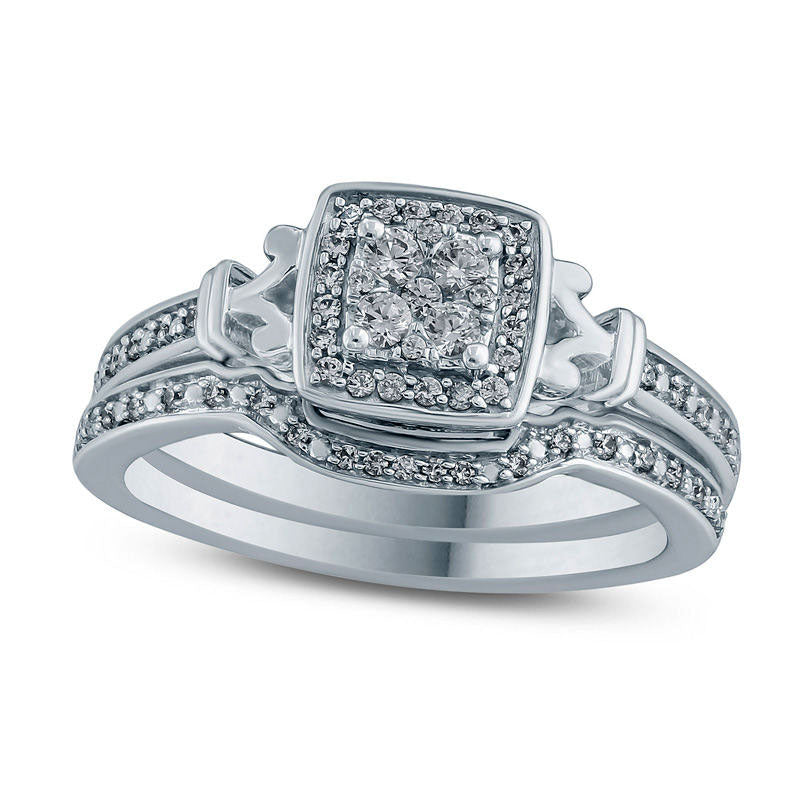 0.25 CT. T.W. Composite Natural Diamond Cushion Frame Bridal Engagement Ring Set in Sterling Silver