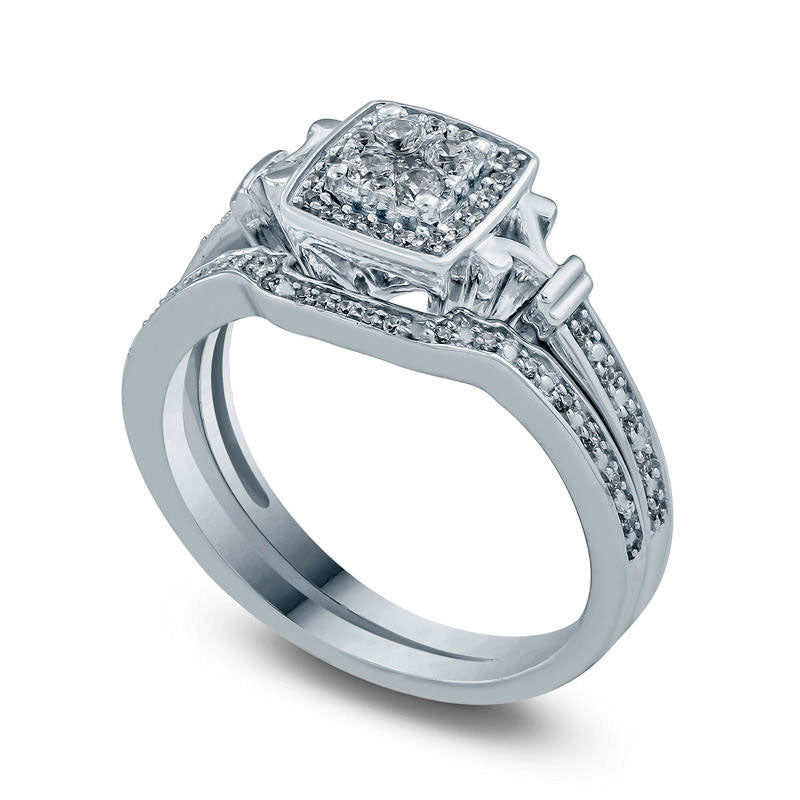 0.25 CT. T.W. Composite Natural Diamond Cushion Frame Bridal Engagement Ring Set in Sterling Silver