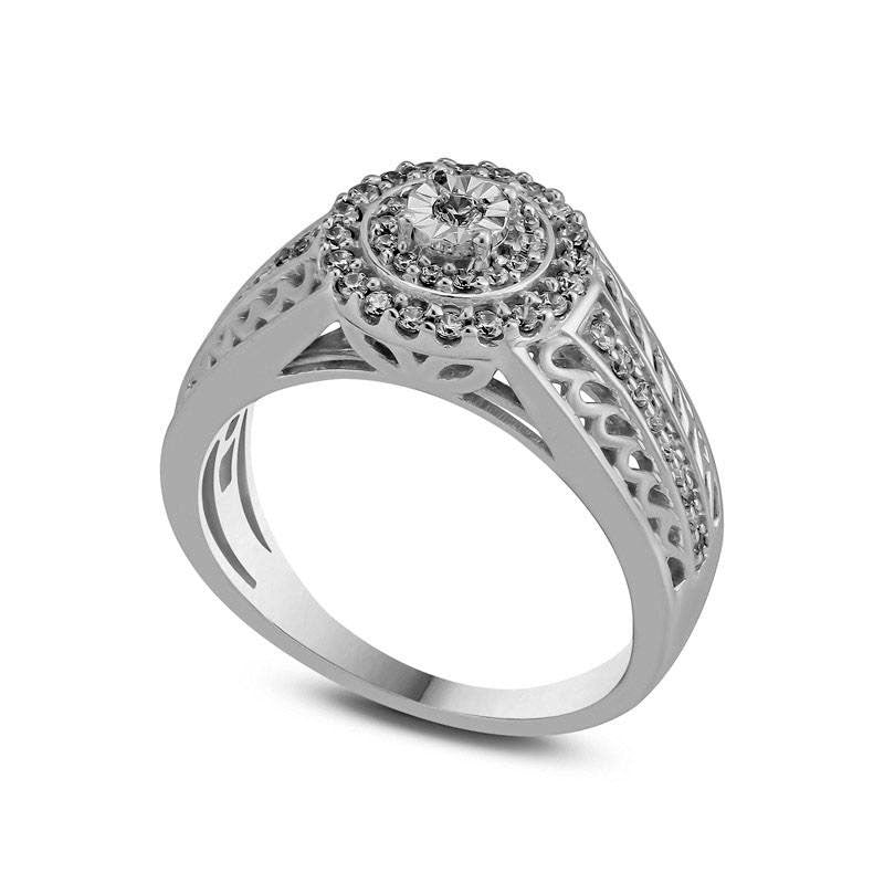 0.33 CT. T.W. Natural Diamond Double Frame Vine-Pattern Shank Engagement Ring in Sterling Silver