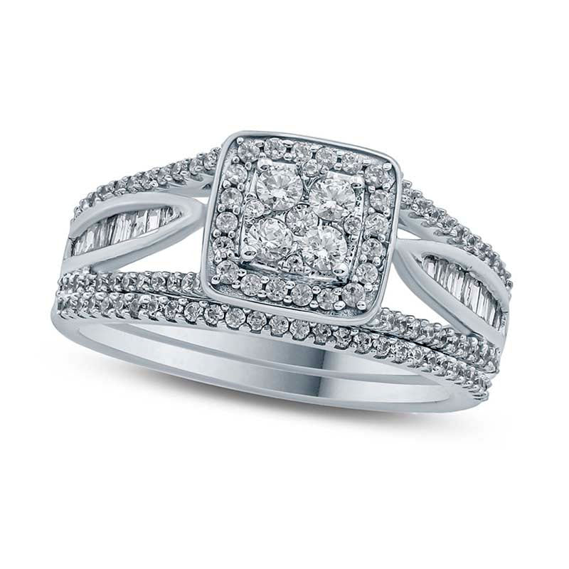 0.75 CT. T.W. Composite Natural Diamond Cushion Frame Split Shank Bridal Engagement Ring Set in Solid 10K White Gold