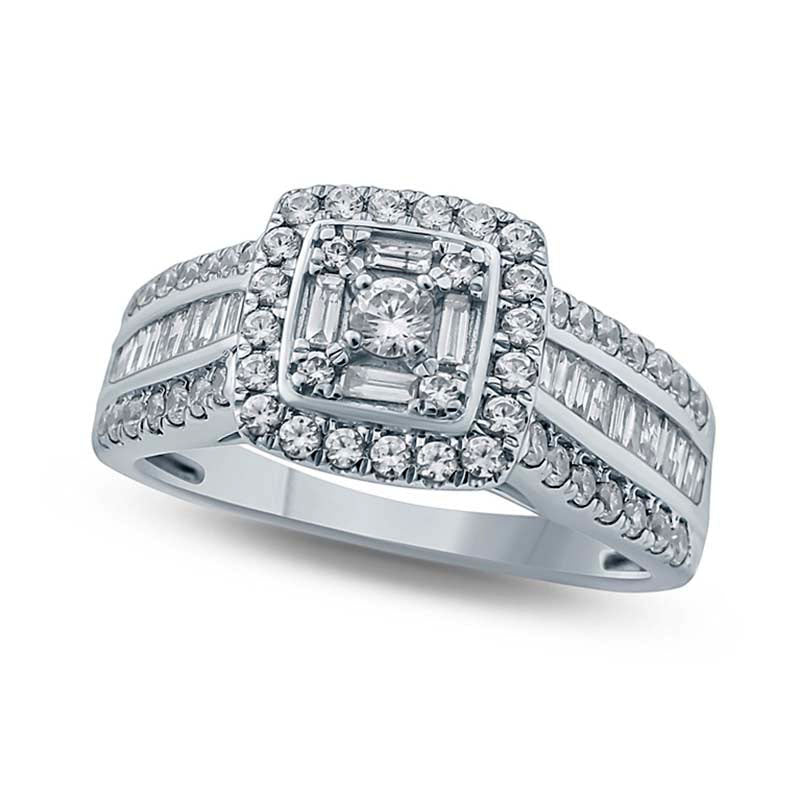 1.0 CT. T.W. Composite Natural Diamond Cushion Frame Multi-Row Engagement Ring in Solid 10K White Gold