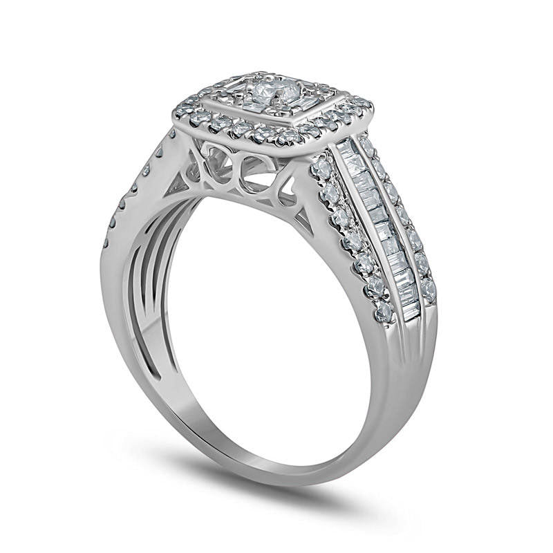 1.0 CT. T.W. Composite Natural Diamond Cushion Frame Multi-Row Engagement Ring in Solid 10K White Gold