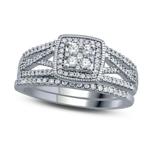 0.50 CT. T.W. Composite Natural Diamond Cushion Frame "X" Open Shank Bridal Engagement Ring Set in Solid 10K White Gold