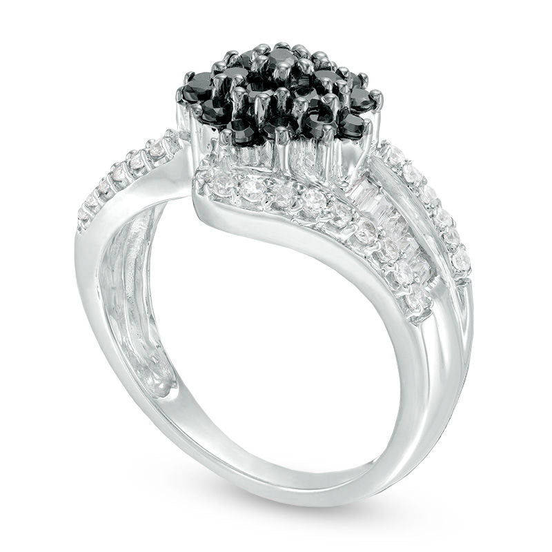 1.0 CT. T.W. Composite Enhanced Black and White Natural Diamond Three Row Bypass Ring in Solid 10K White Gold