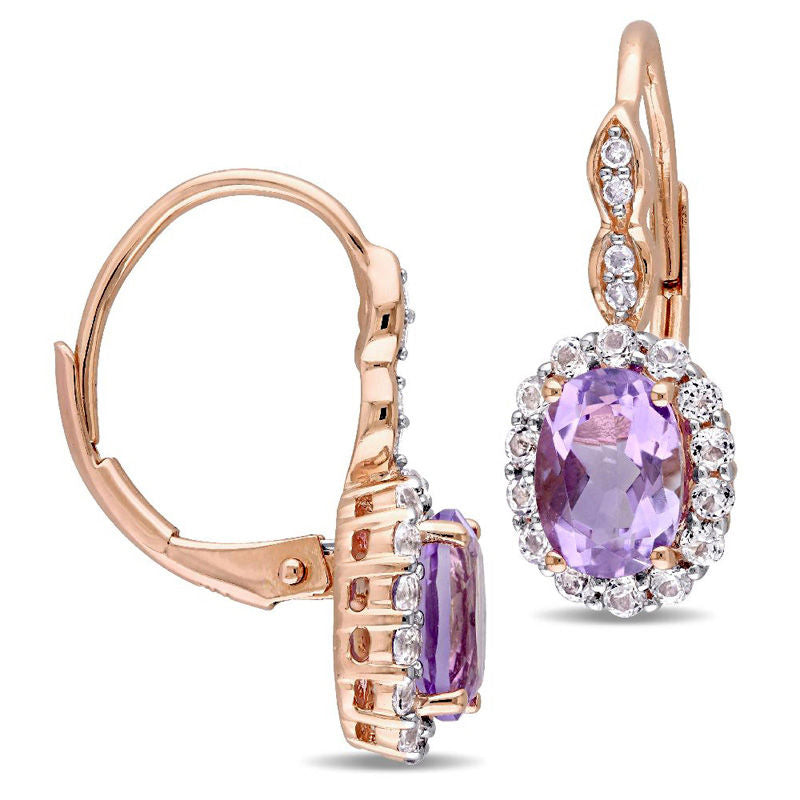 Oval Amethyst, White Topaz and Diamond Accent Frame Drop Earrings in 14K Rose Gold