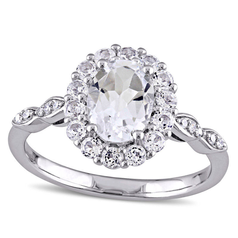 Oval White Topaz and Natural Diamond Accent Frame Ring in Solid 14K White Gold