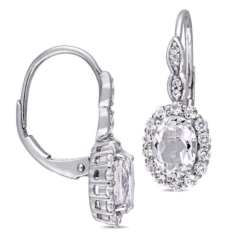 Oval White Topaz and Diamond Accent Frame Drop Earrings in 14K White Gold