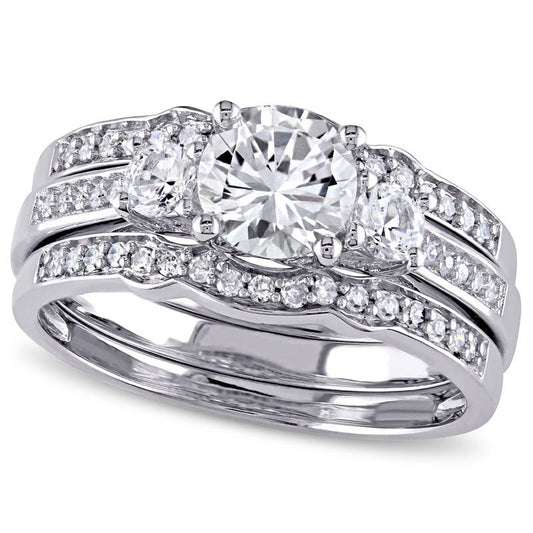 Lab-Created White Sapphire and 0.25 CT. T.W. Diamond Three Stone Three Piece Bridal Engagement Ring Set in Solid 10K White Gold