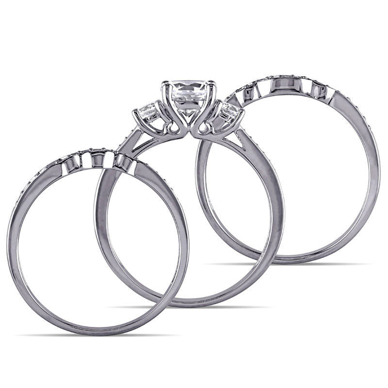 Lab-Created White Sapphire and 0.25 CT. T.W. Diamond Three Stone Three Piece Bridal Engagement Ring Set in Solid 10K White Gold