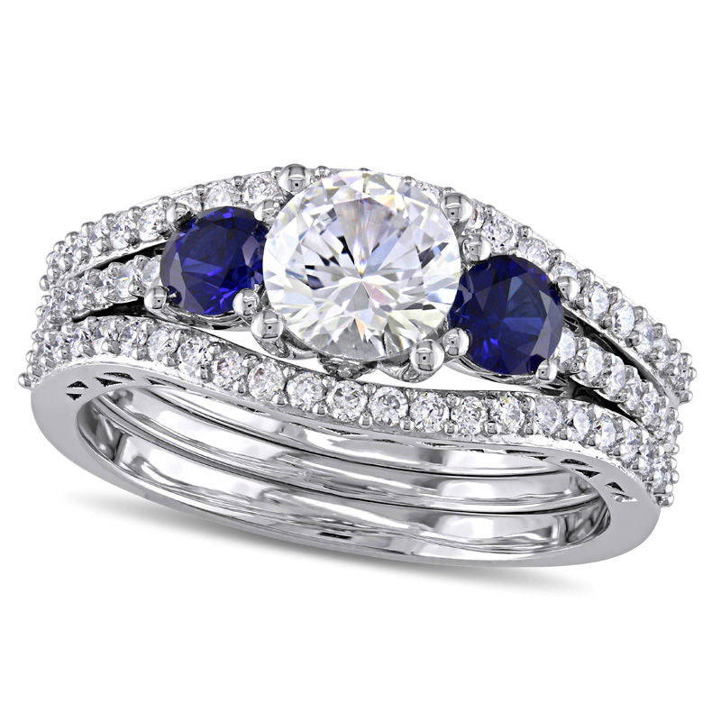 Lab-Created Blue and White Sapphire and 0.50 CT. T.W. Diamond Three Stone Three Piece Bridal Engagement Ring Set in Solid 10K White Gold