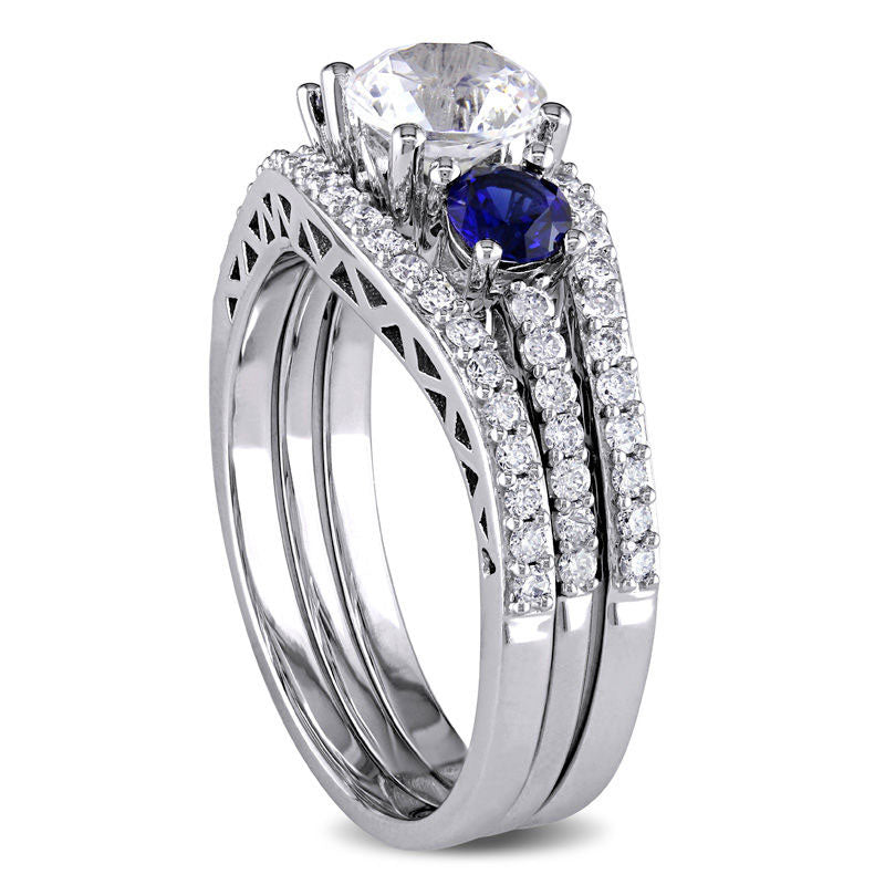 Lab-Created Blue and White Sapphire and 0.50 CT. T.W. Diamond Three Stone Three Piece Bridal Engagement Ring Set in Solid 10K White Gold