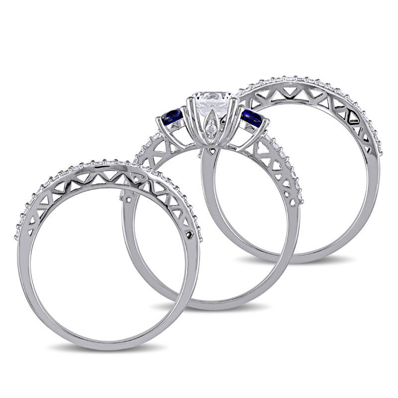 Lab-Created Blue and White Sapphire and 0.50 CT. T.W. Diamond Three Stone Three Piece Bridal Engagement Ring Set in Solid 10K White Gold