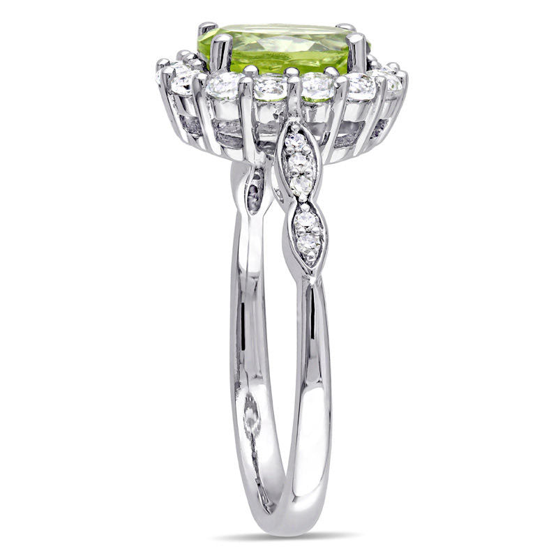 Oval Peridot, White Topaz and Natural Diamond Accent Frame Ring in Solid 14K White Gold