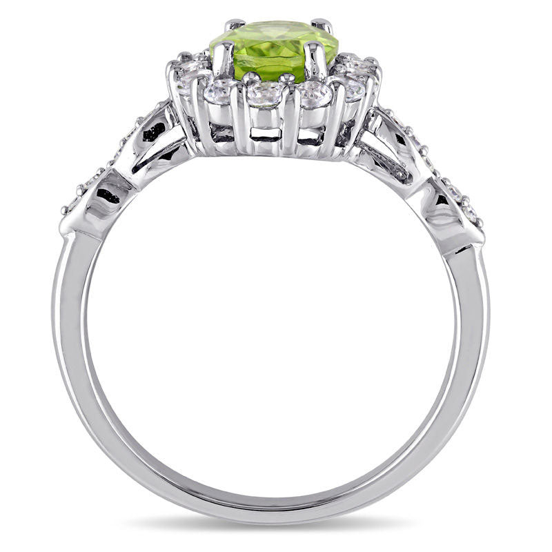 Oval Peridot, White Topaz and Natural Diamond Accent Frame Ring in Solid 14K White Gold