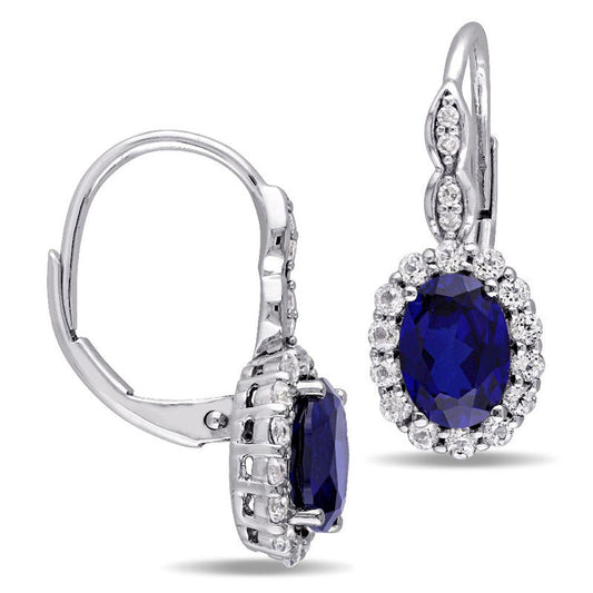 Oval Lab-Created Blue Sapphire, White Topaz and Diamond Accent Frame Drop Earrings in 14K White Gold