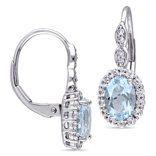 Oval Sky Blue and White Topaz and Diamond Accent Frame Drop Earrings in 14K White Gold