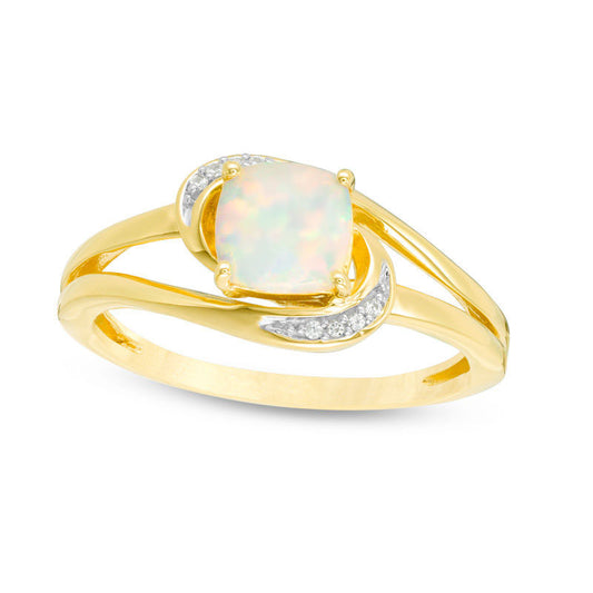 6.0mm Cushion-Cut Lab-Created Opal and White Sapphire Bypass Ring in Sterling Silver with Solid 14K Gold Plate