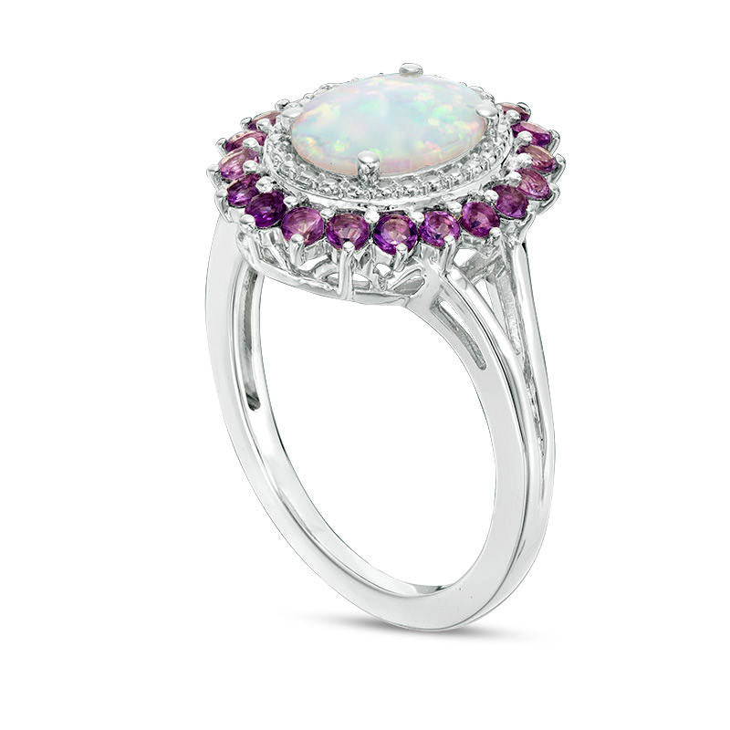 Oval Lab-Created Opal, Amethyst and White Sapphire Flower Frame Ring in Sterling Silver