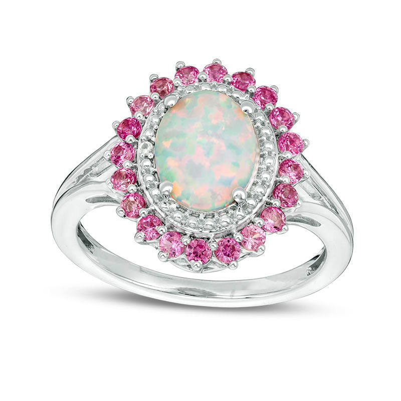 Oval Lab-Created Opal with Pink and White Sapphire Flower Frame Ring in Sterling Silver