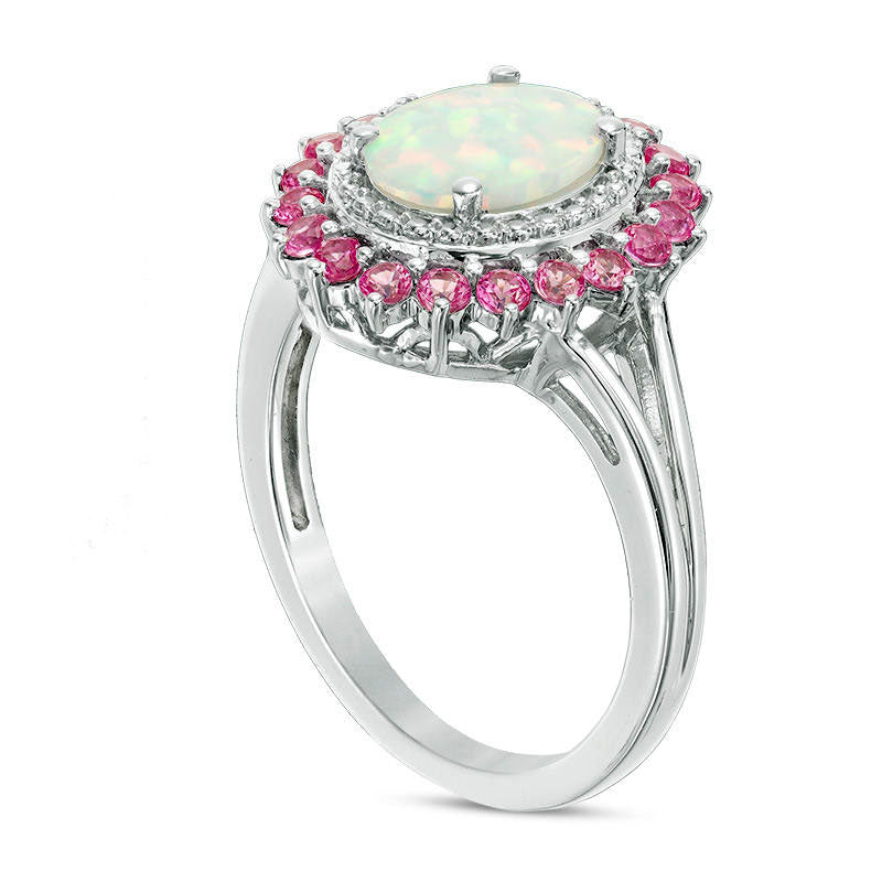 Oval Lab-Created Opal with Pink and White Sapphire Flower Frame Ring in Sterling Silver