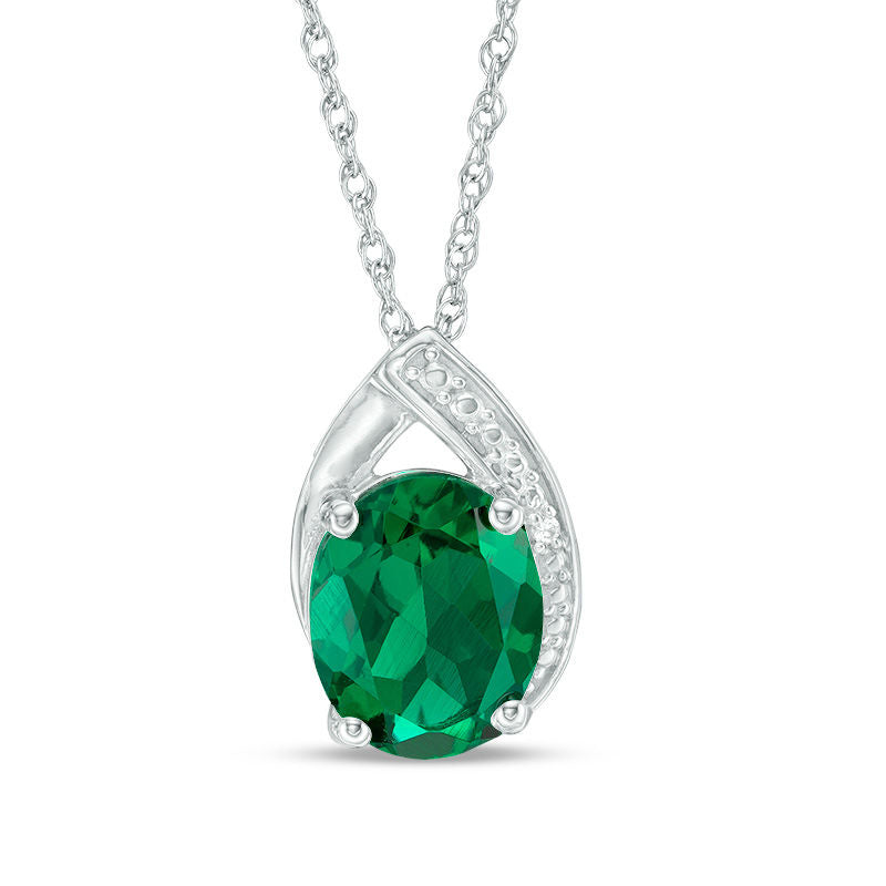 Oval Lab-Created Emerald and White Sapphire Teardrop Pendant in Sterling Silver