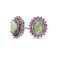 Oval Lab-Created Opal with Pink and White Sapphire Sunburst Frame Stud Earrings in Sterling Silver