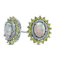 Oval Lab-Created Opal, Peridot and White Sapphire Sunburst Frame Stud Earrings in Sterling Silver