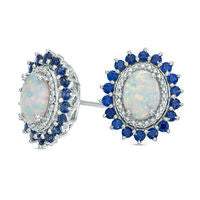 Oval Lab-Created Opal and Blue and White Sapphire Sunburst Frame Stud Earrings in Sterling Silver