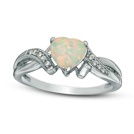 7.0mm Heart-Shaped Lab-Created Opal and White Sapphire Twist Ring in Sterling Silver