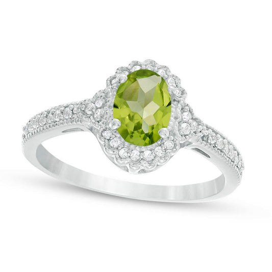 Oval Peridot and 0.13 CT. T.W. Natural Diamond Frame Antique Vintage-Style Ring in Solid 10K White Gold