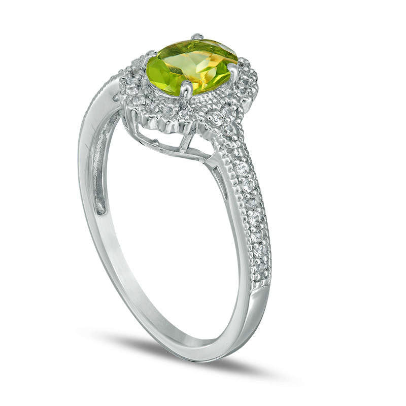 Oval Peridot and 0.13 CT. T.W. Natural Diamond Frame Antique Vintage-Style Ring in Solid 10K White Gold