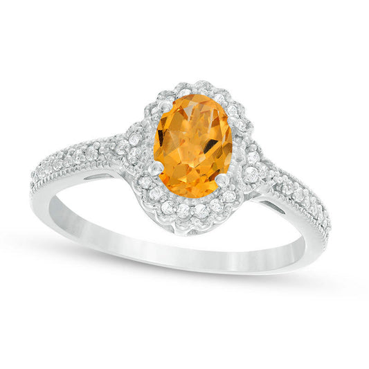 Oval Citrine and 0.13 CT. T.W. Natural Diamond Frame Antique Vintage-Style Ring in Solid 10K White Gold