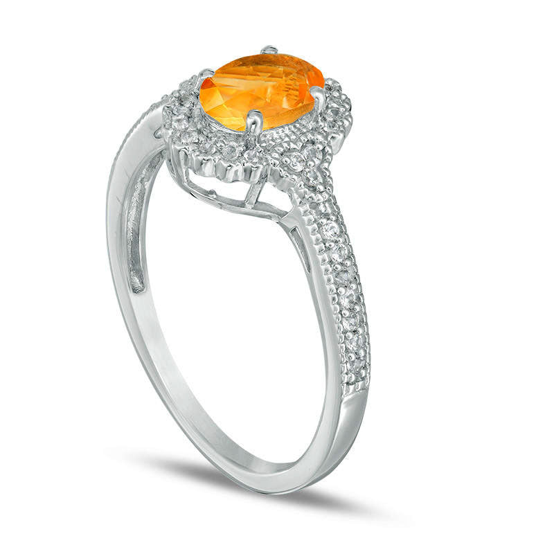 Oval Citrine and 0.13 CT. T.W. Natural Diamond Frame Antique Vintage-Style Ring in Solid 10K White Gold