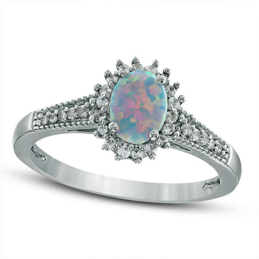 Oval Lab-Created Opal and White Sapphire Starburst Ring in Sterling Silver