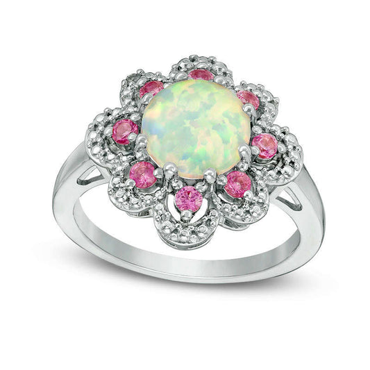 Lab-Created Opal and Pink and White Sapphire Flower Frame Ring in Sterling Silver