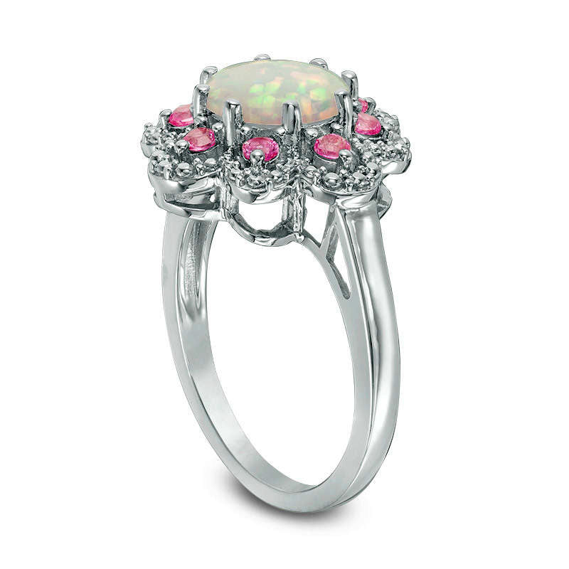 Lab-Created Opal and Pink and White Sapphire Flower Frame Ring in Sterling Silver