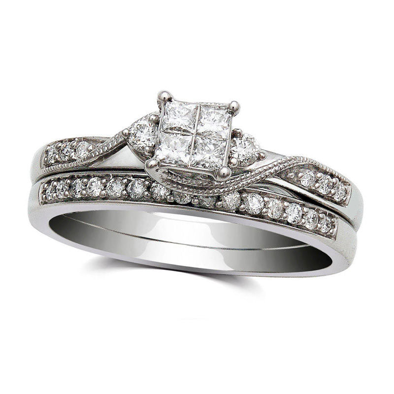 0.33 CT. T.W. Quad Princess-Cut Natural Diamond Bridal Engagement Ring Set in Solid 10K White Gold